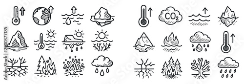 Climate icons with thermometer flame water sketch