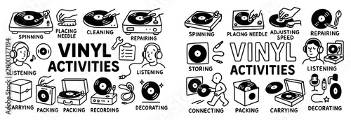 Music icons with turntable and record outline style