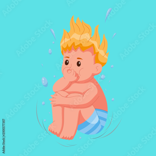 Принти на полотні Cartoon Boy Jumping into Water Cannonball Style Holding Nose, Summer Fun Swimmin