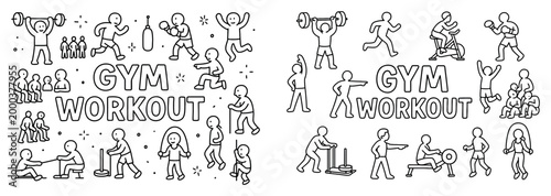 Gym icons with barbell and person outline style