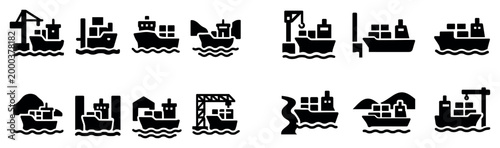 Maritime icons with ship crane container bold flat