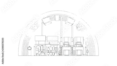 line drawing of a movie theater interior with seats and projection equipment