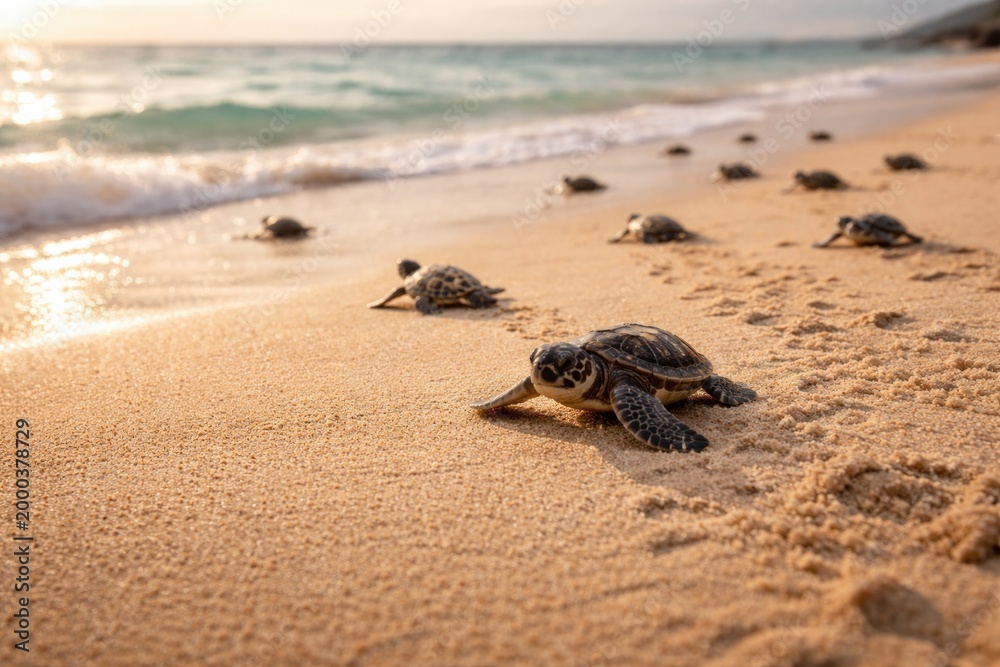 Obraz premium Cheerful small sea turtles making their way across soft sand towards sea with copy space
