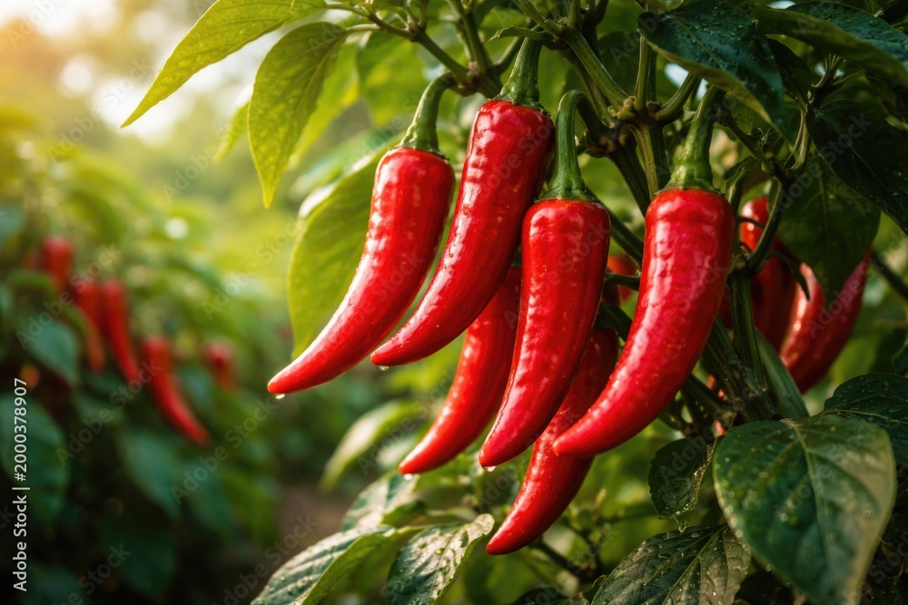 Fototapeta premium Bright ripe chili fruit growing on a green plant with thick strong stem and leaves
