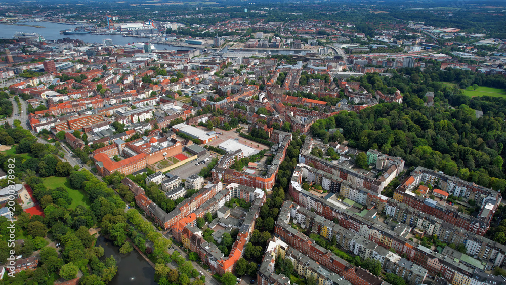 Obraz premium Aerial view around the old town of the city Kiel in Germany on a sunny spring noon
