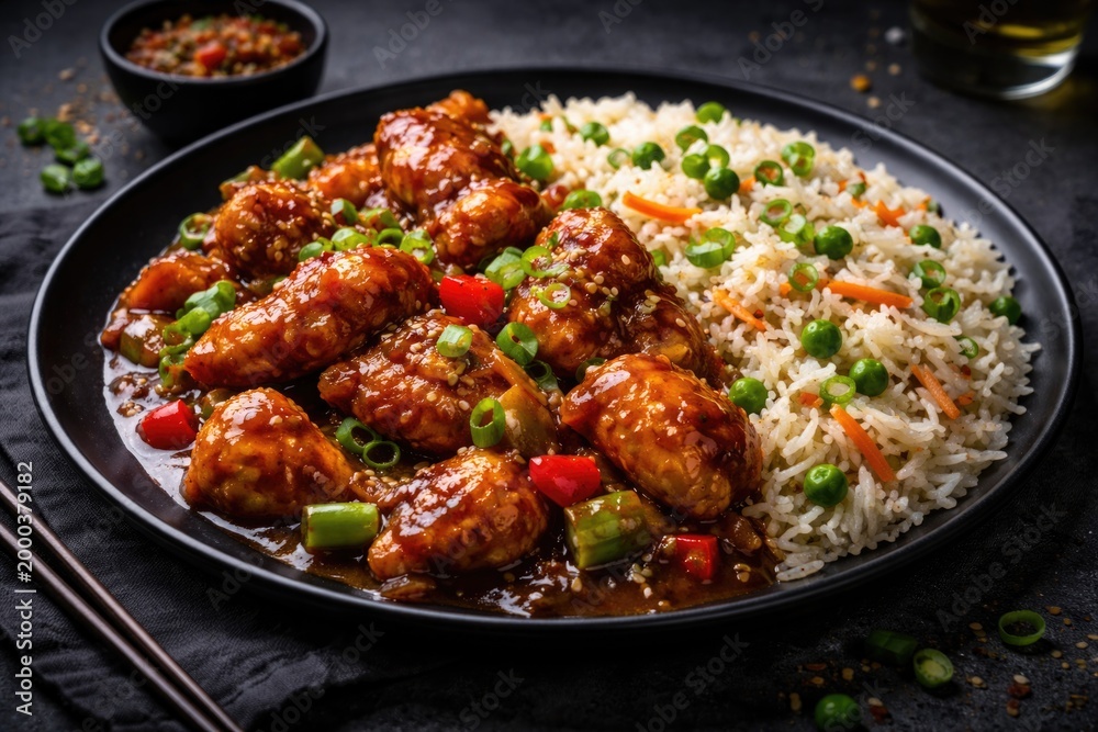 Fototapeta premium Freshly cooked Chicken Manchurian with seasoned basmati rice and colorful vegetables on black setting