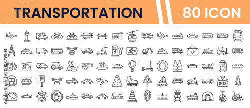 Transportation 80 Icon Set, diverse vehicle and travel symbols, modern outline vector collection for web, app, and infographic design, black and white line art