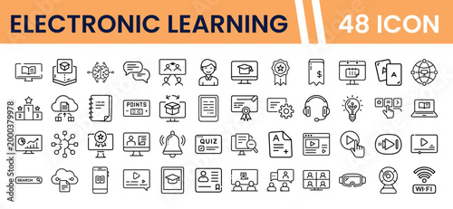 Electronic Learning 48 Icon Set, modern online education vector collection. Digital e-learning, remote study, and knowledge acquisition symbols for web and app design.