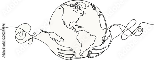 Continuous line art of hands cradling the world for environmental protection.