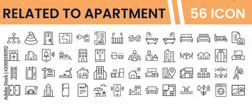 Apartment Living Line Icons, 56 Vector Icon Set for Real Estate and Home Design. Modern Dwelling and Property Management Symbols. Minimalist Housing and Residential Building Pictograms.