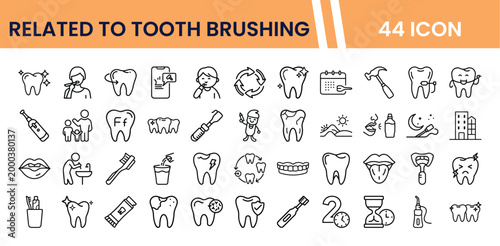 Dental hygiene line icons, 44 vector set for oral care and tooth brushing. Modern dentistry symbols, health and medical graphics for web and app design.