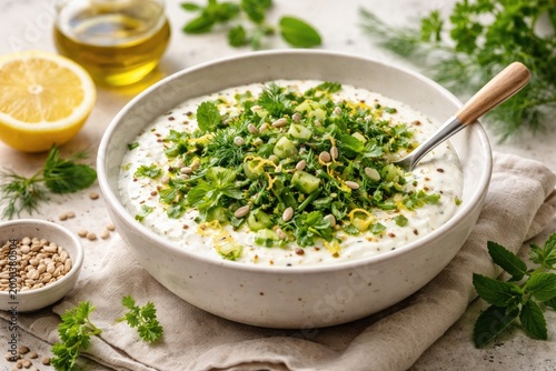 Herb topped yogurt bowl rep...