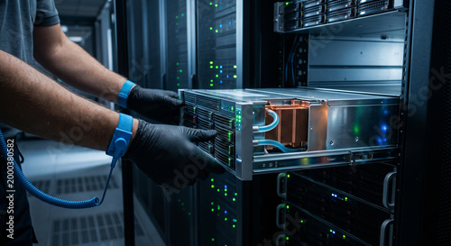 Data center technician installing server rack unit with liquid cooling system wearing anti static wrist strap.