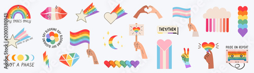 Retro LGBTQ pride stickers with diverse hands and identity flags. Hand-drawn queer doodles of transgender flag, lesbian lips, non-binary pronouns, and inclusive protest signs for pride month. Vector 