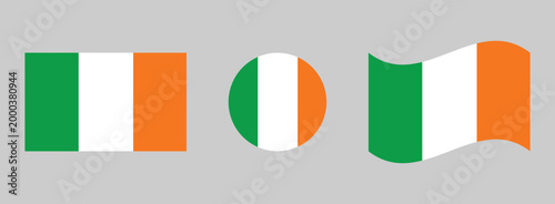 Three irish flags displayed in different formats: rectangular circular wavy with national tricolor republic heraldry identity patriotism representation collection