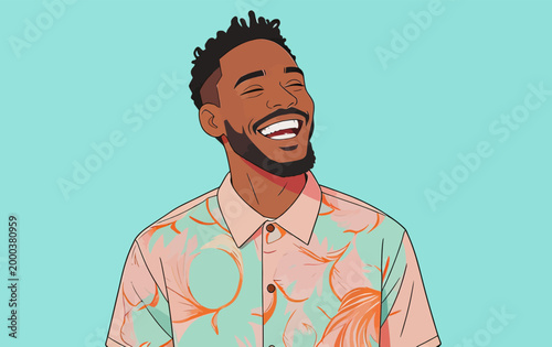 Joyful Black Man in Tropical Print Shirt Laughing