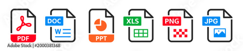 File type icon set. Format, PDF, DOC, PPL, XLS, PNG, JPG, text, image, folder, document symbol on white background - stock vector.