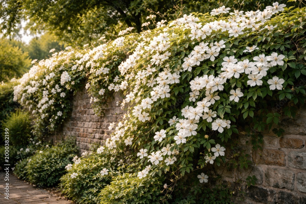 Fototapeta premium Blooming white clematis montana alba adorning garden wall with vigor