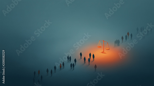 Conceptual illustration of people in line by glowing scales of justice, representing law, equality, legal rights, balance, ethics, social judgment, and human integrity in society.