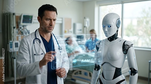 A doctor interacts with a futuristic robot in a modern hospital room with a patient in the background