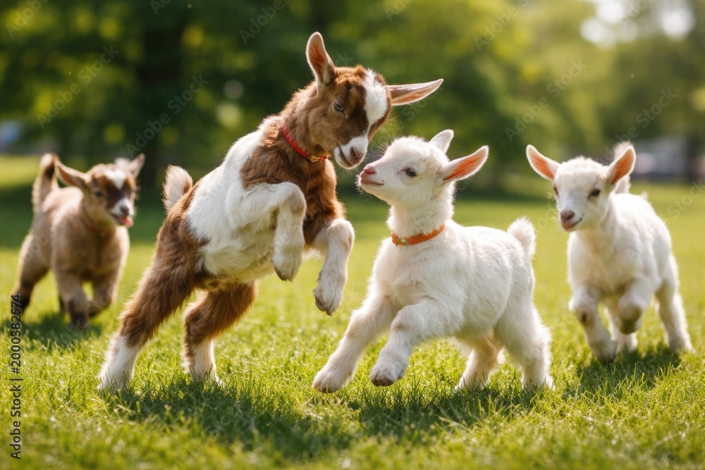 Fototapeta premium Energetic goats as pets interacting playfully on a dense grass lawn during summer