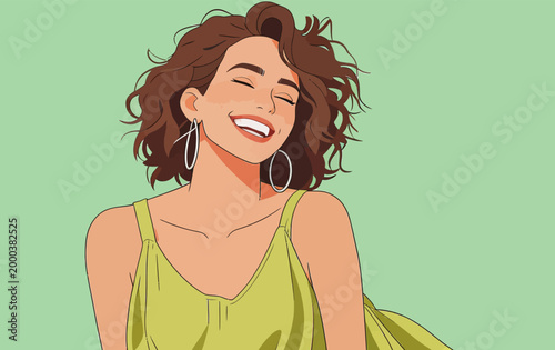 Joyful curly haired woman in casual summer outfit laughing happily