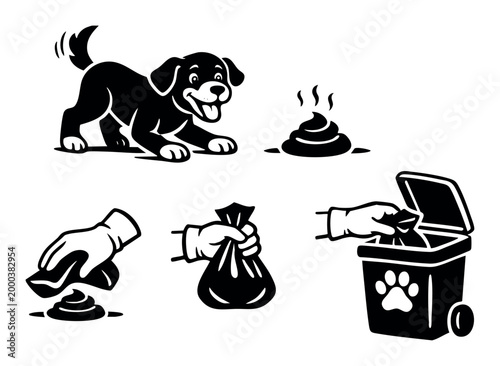 Pet owner demonstrating responsible dog ownership by cleaning up dog waste with a bag and placing it in a bin