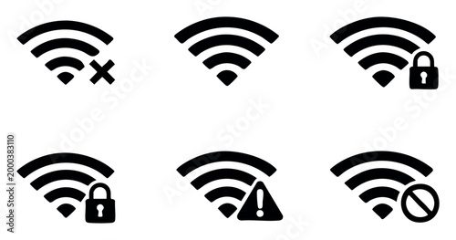 Icons depicting various states of a WiFi signal: connected, signal strength low, secured, caution, and restricted