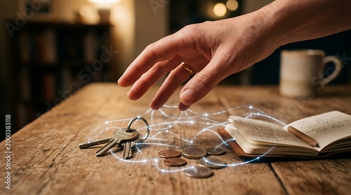 A hand reaching for keys on a wooden table with coins and a book nearby indoors
