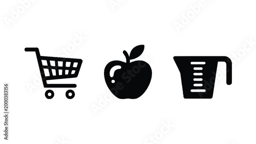 shopping cart apple and measuring cup icons