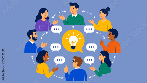 Team discussing ideas around lightbulb showing collaboration, concept of brainstorming, teamwork and creative thinking