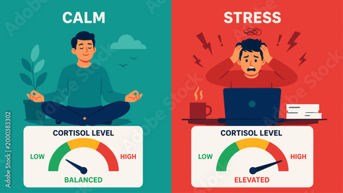 Calm vs stress comparison showing cortisol levels, concept of mental balance, emotional control and stress management