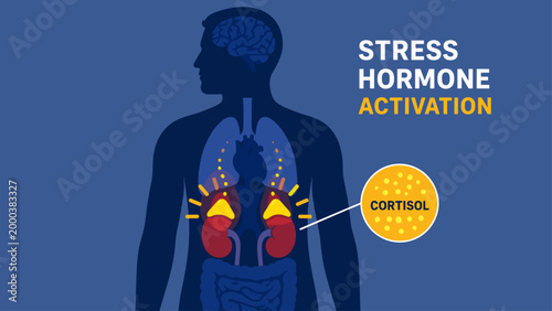 Human body diagram showing stress hormone activation with cortisol response