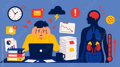 Person overwhelmed by work at desk with deadlines and alerts showing stress impact, concept of pressure, overload and mental strain