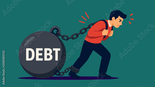 Person dragging heavy debt ball chained to leg showing financial burden, concept of debt pressure, liability and economic struggle