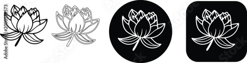 Set of lotus flower line art icons with various outline styles and backgrounds, real image, no blur, clear image, hd, full hd, photos, isolated white background.