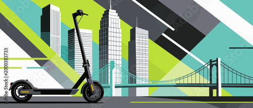 Abstract urban micro mobility concept with electric scooter and city skyline in flat minimal vector style
