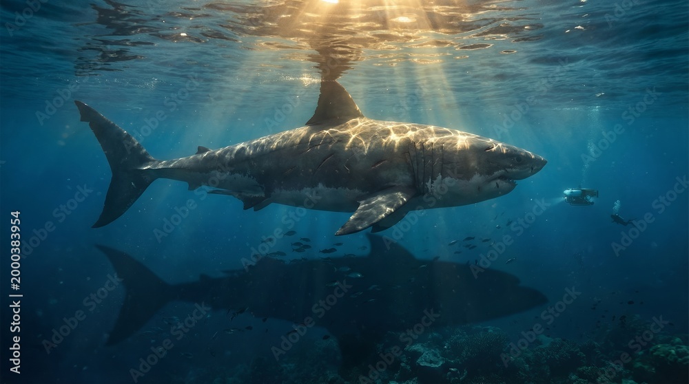 Fototapeta premium A large whale swims underwater with sunlight shining through the ocean surface.