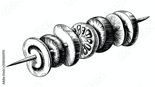 skewer of sliced mushrooms on a metal stick for grilling