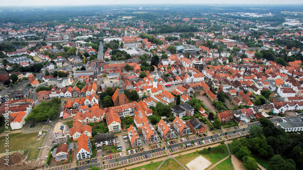 Fototapeta premium Aerial view around the old town of the city Verden in Germany on a sunny spring noon