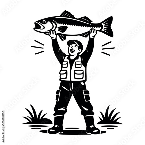 Enthusiastic angler raising a prize fish overhead, showing happiness and accomplishment from a successful fishing trip