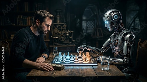 A man plays chess with a robot in a dark room with intense focus
