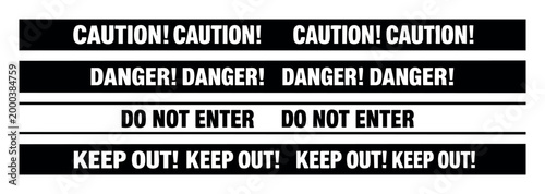 Safety tape signs displaying text warnings, providing restriction, security, and alert concepts