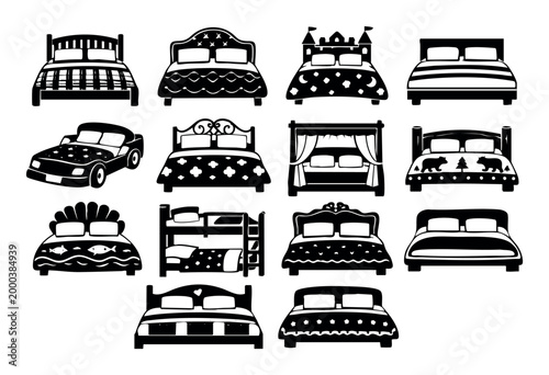 Grouping various bed designs, from modern minimalist to elaborate canopy, car, and bunk beds, representing sleeping furniture