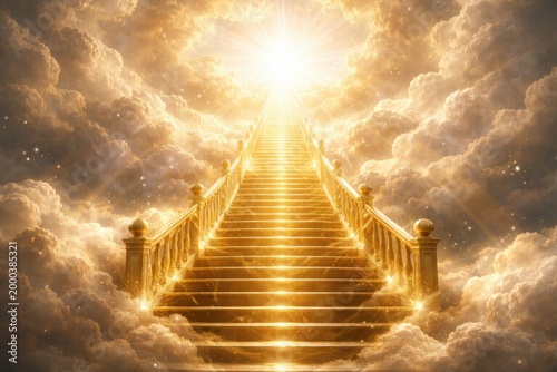 Celestial golden stairway climbing into bright sky illustrating eternal afterlife