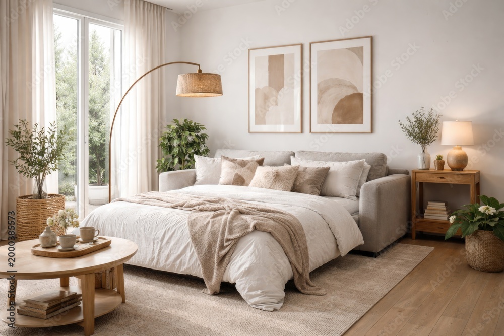 Fototapeta premium Bright modern living area with a white wall backdrop and a sofa bed for accommodating visitors