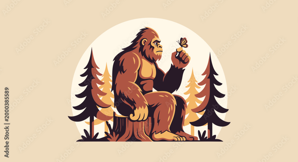 Fototapeta premium Bigfoot Sasquatch Sitting on Stump with Butterfly Illustration