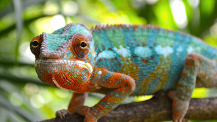 Panther chameleon on tropical branch, extreme close-up macro photography with independent eyes looking at camera
