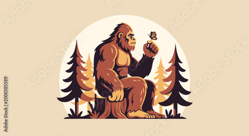 Bigfoot Sasquatch Sitting on Stump with Butterfly Illustration