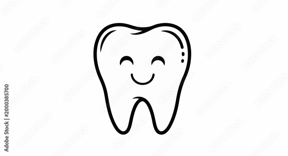 Obraz premium Cute smiling tooth illustration in black outline on white background